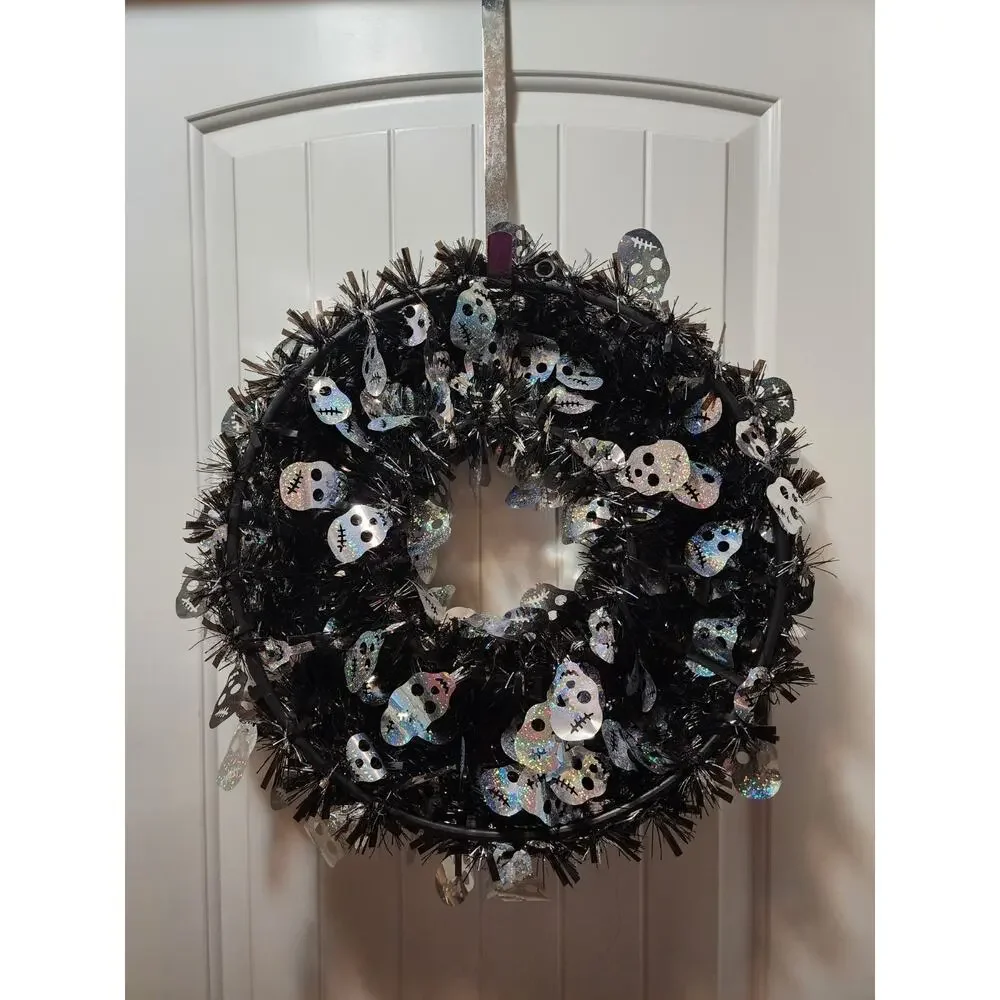 Halloween Tinsel Wreath Black with Silver Skeletons Door Decor 19
